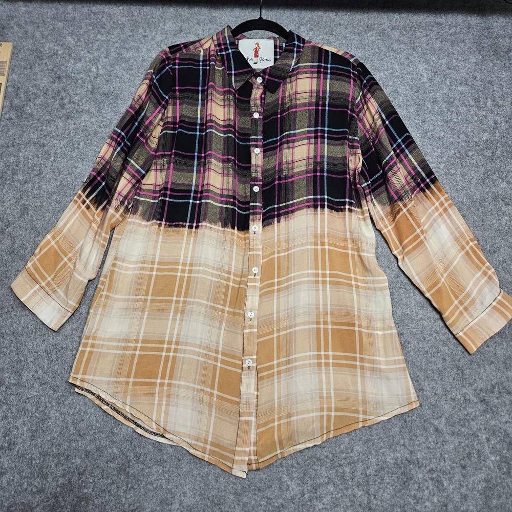 Boho Jane Women's Large Rayon Plaid Long Button Up Shirt Woodstock *see‎ Flaw
